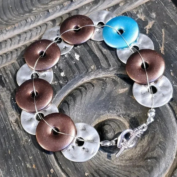 Mid Century Modern Style Handcrafted Silver Blue Brown Satin Disc Beads Bracelet - Picture 1 of 9